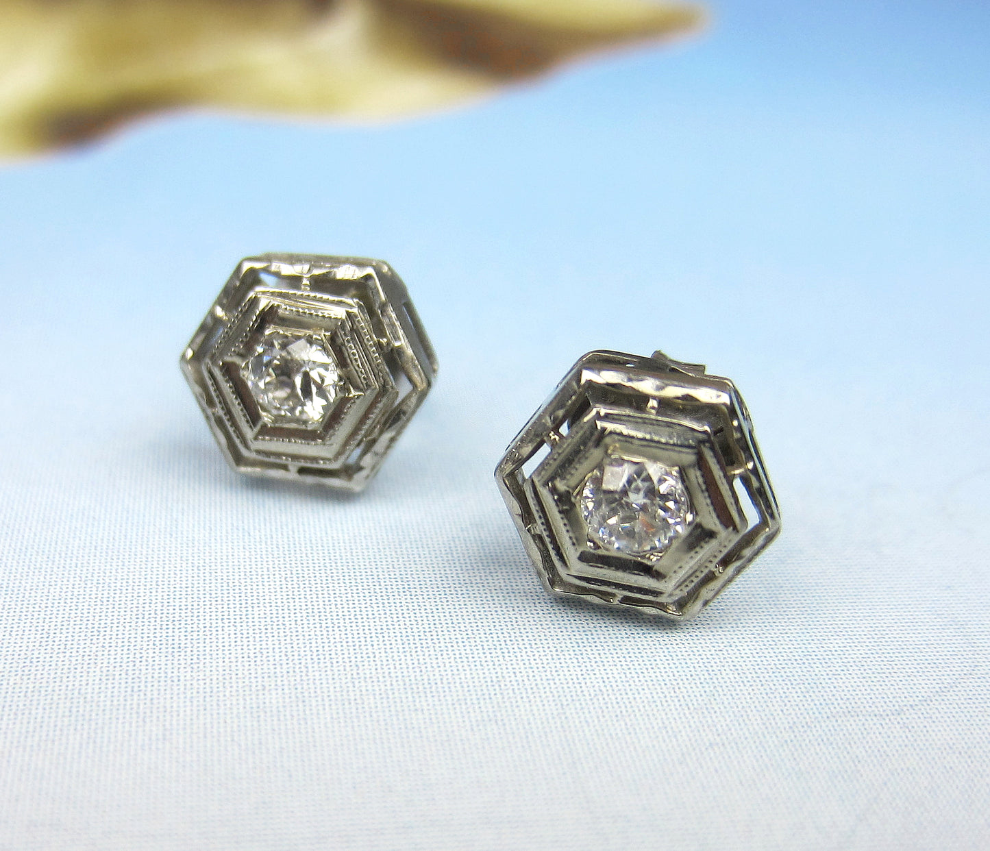 SOLD--Art Deco Hexagonal Old Euro Diamond Stud Earrings 14k c. 1930