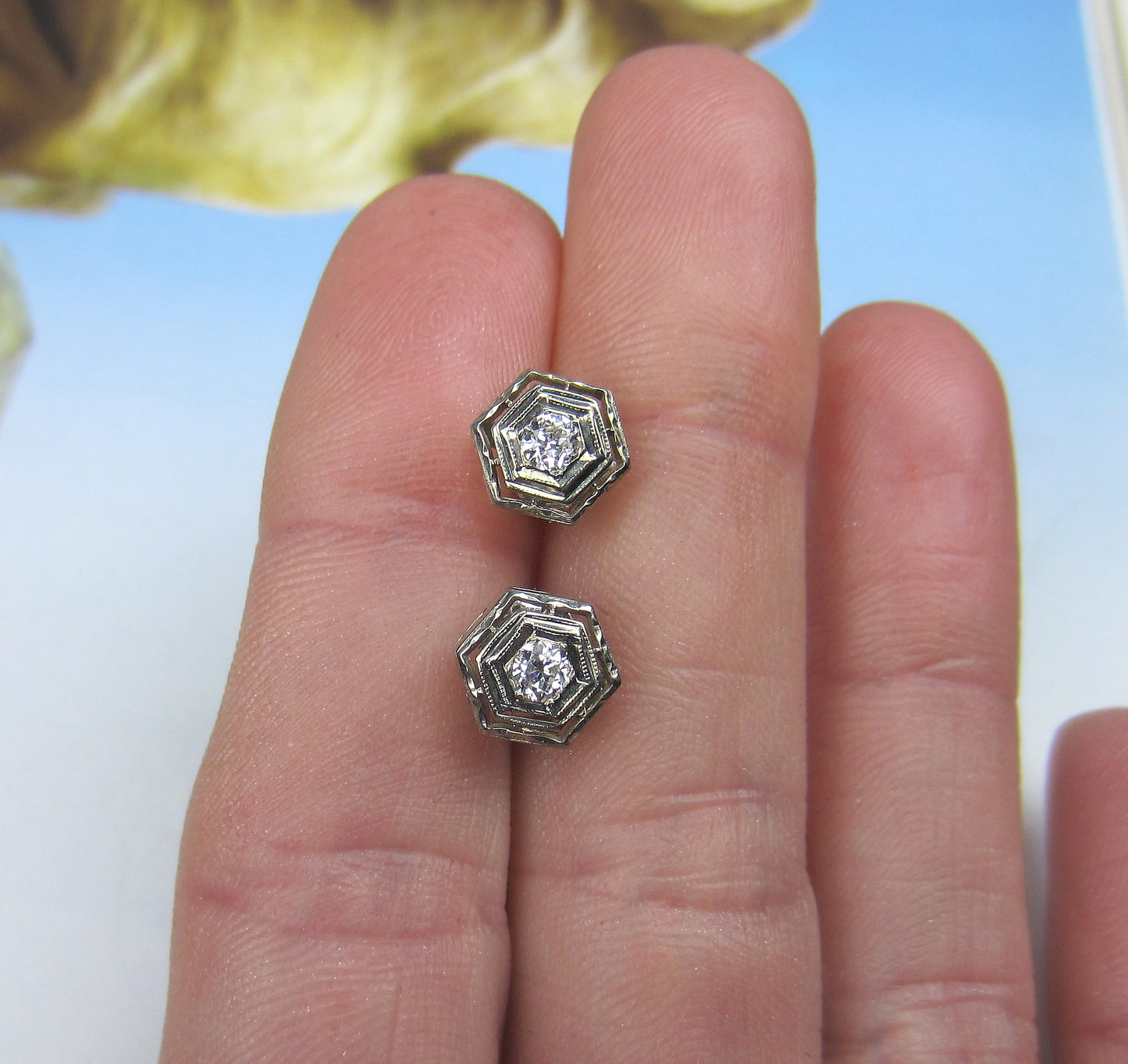 SOLD--Art Deco Hexagonal Old Euro Diamond Stud Earrings 14k c. 1930