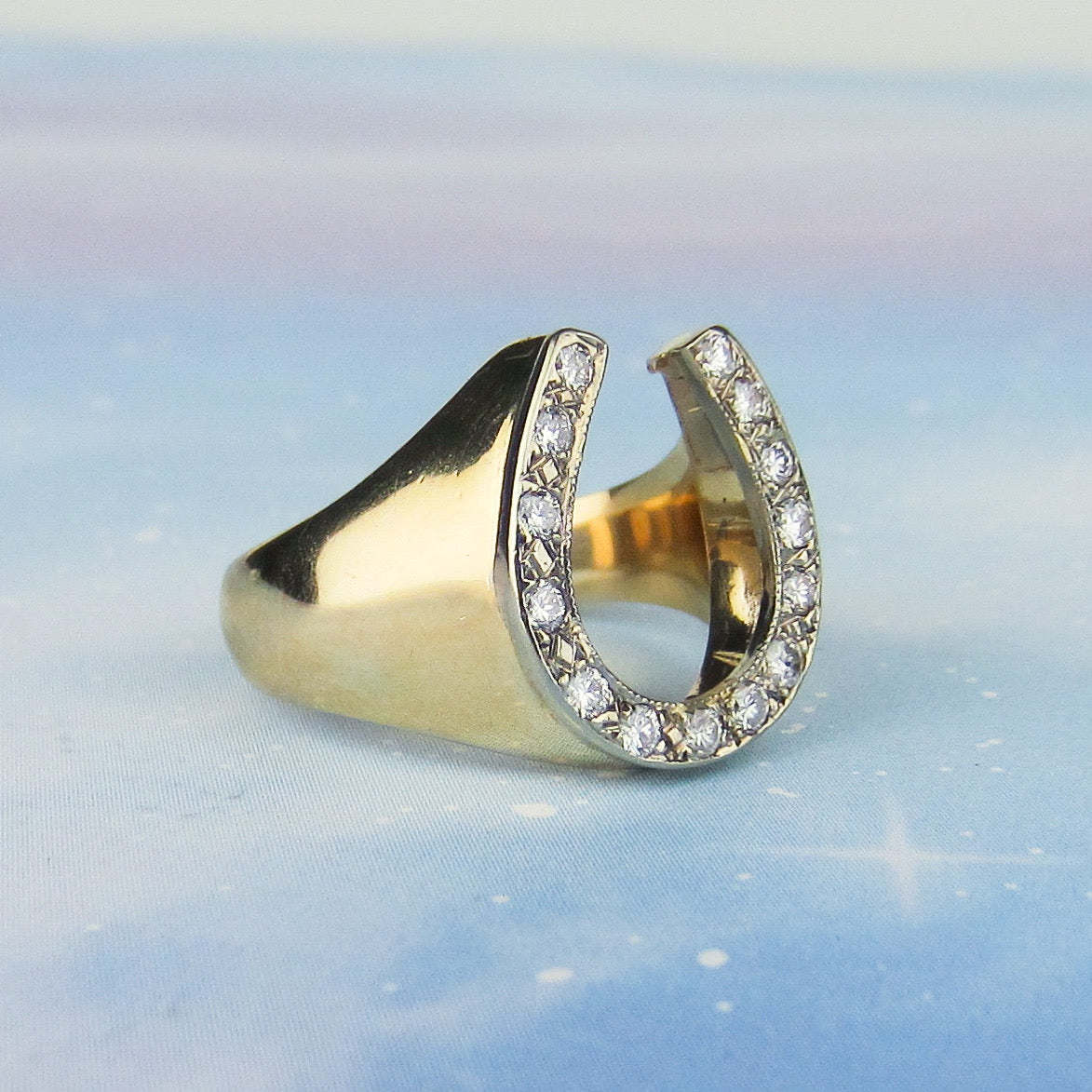 SOLD--Mid-Century Men's Diamond Horseshoe Ring 14k c. 1960