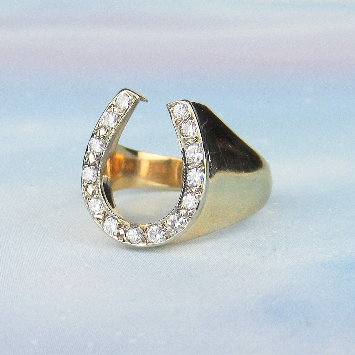 SOLD--Mid-Century Men's Diamond Horseshoe Ring 14k c. 1960