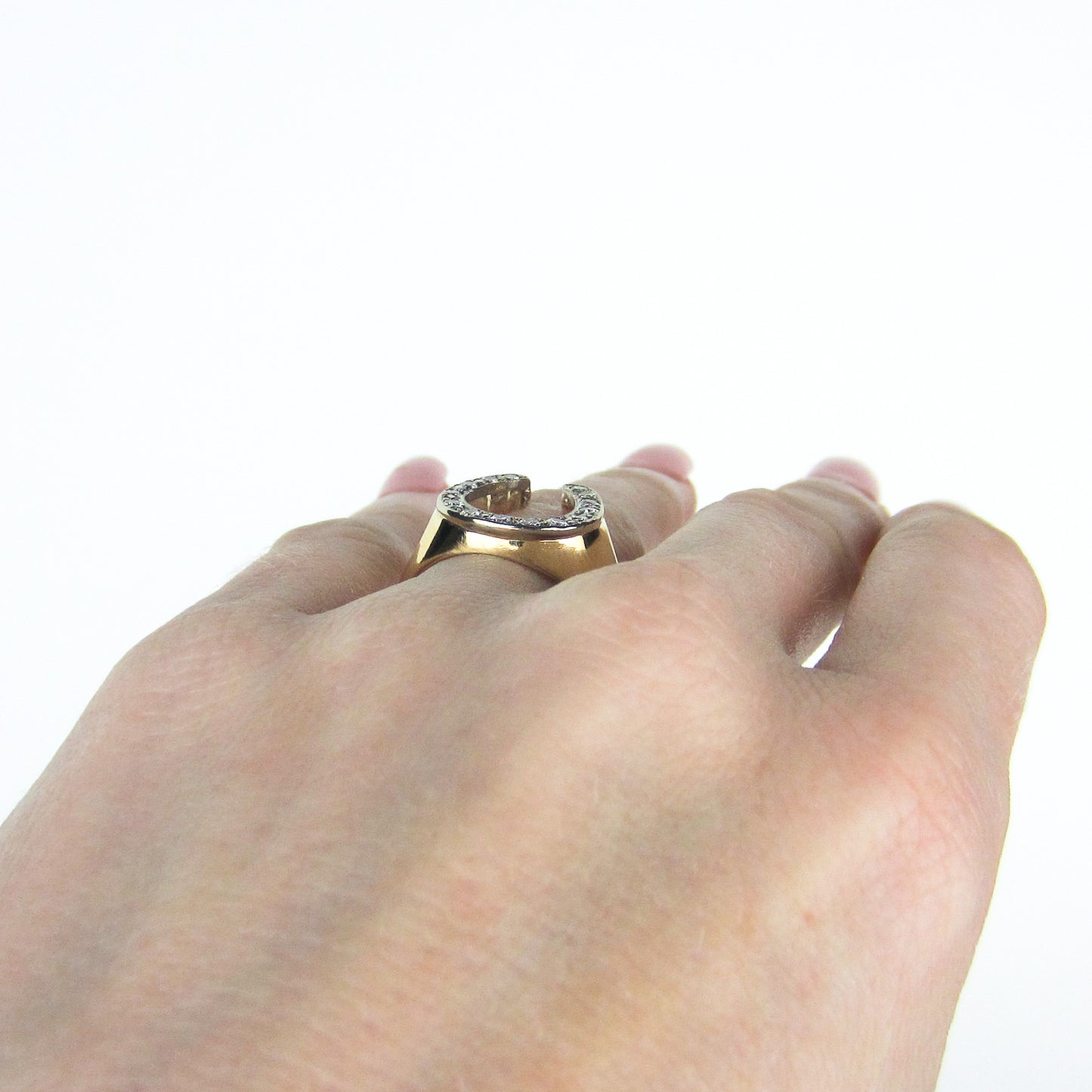 SOLD--Mid-Century Men's Diamond Horseshoe Ring 14k c. 1960