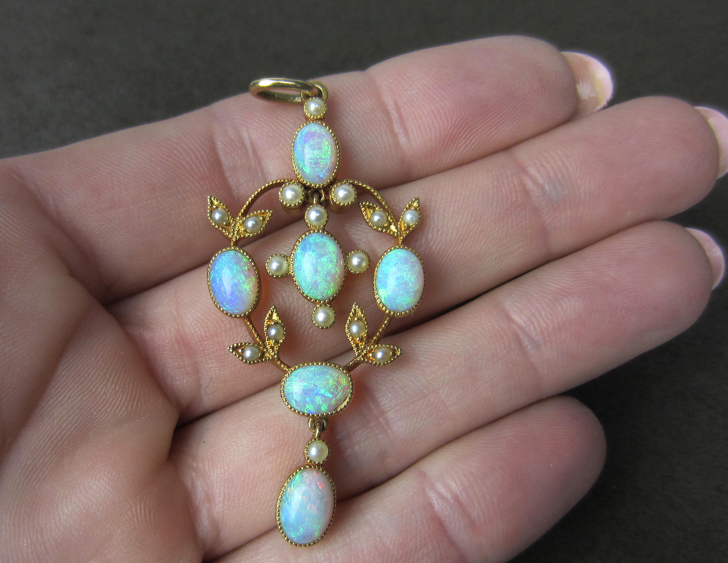 SOLD--Absolutely Gorgeous Opal and Pearl Pendant 18k c. 1910
