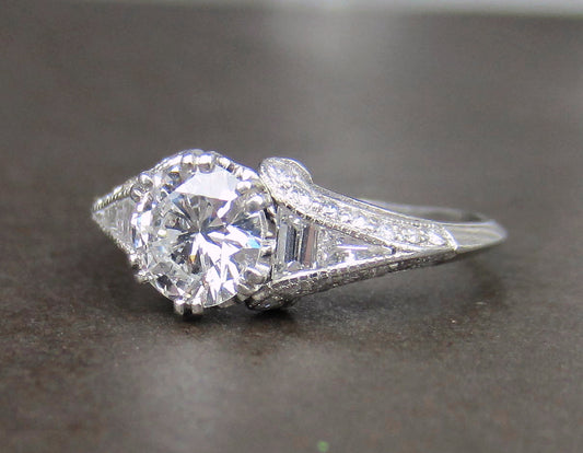 SOLD--Gorgeous Art Deco .80ct Round Brilliant Engagement Ring Platinum c. 1930