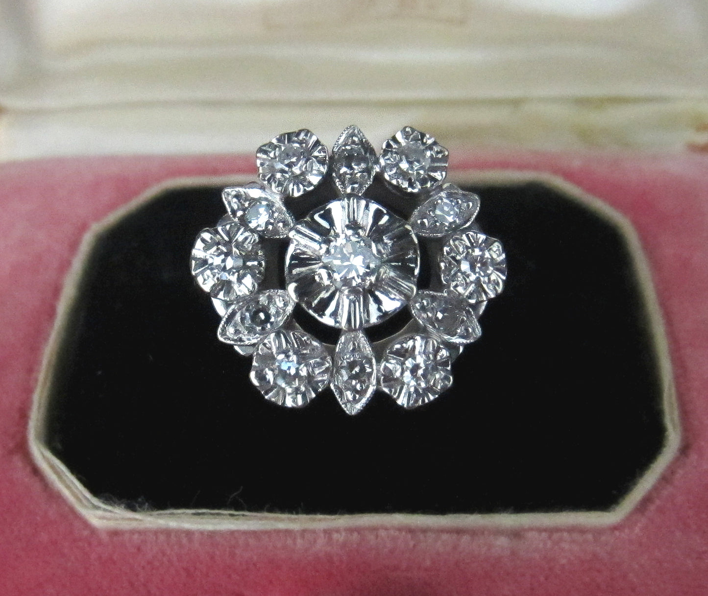 SOLD--Mid-Century Diamond Cluster Ring 14k c. 1950