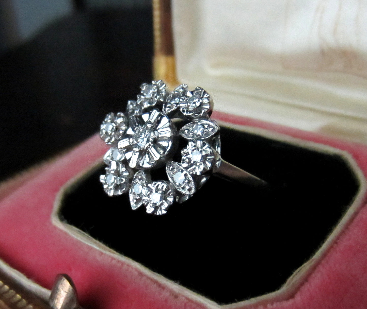 SOLD--Mid-Century Diamond Cluster Ring 14k c. 1950