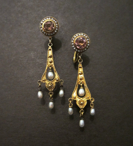 SOLD--Edwardian Kunzite and Pearl Earrings 14k, c. 1910