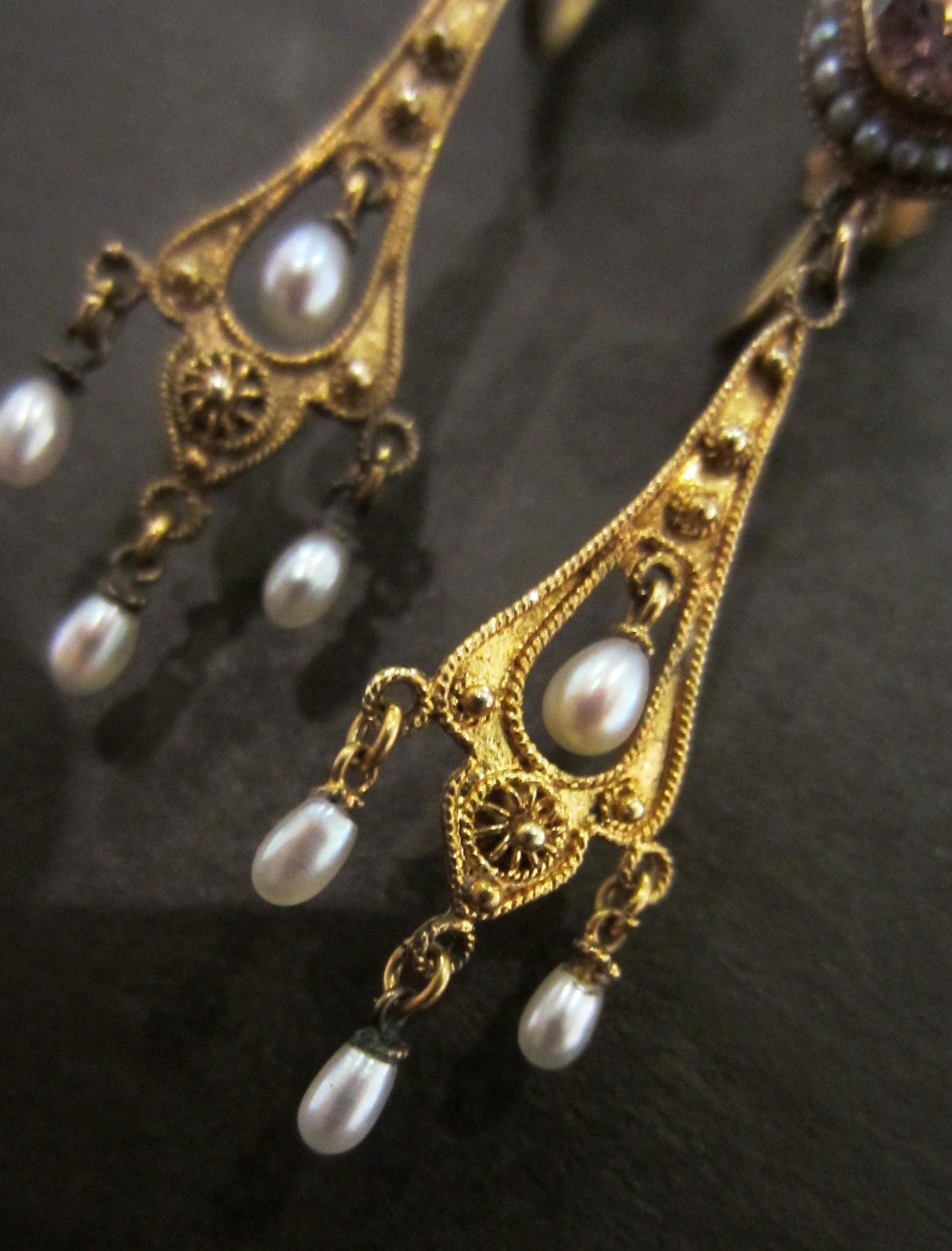 SOLD--Edwardian Kunzite and Pearl Earrings 14k, c. 1910