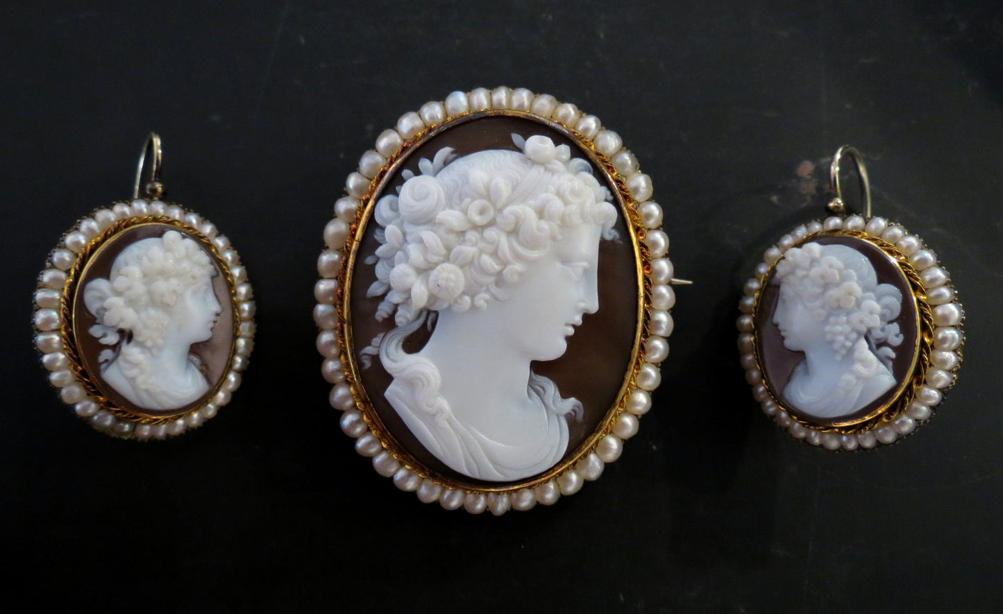 SOLD--Victorian Bacchus and Bacchantes Cameo Brooch and Earrings 14k c. 1870