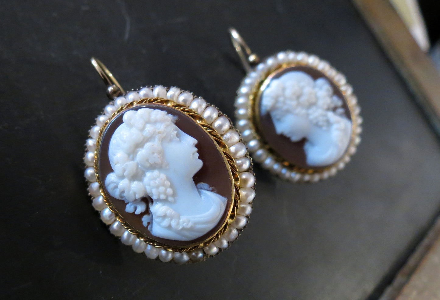 SOLD--Victorian Bacchus and Bacchantes Cameo Brooch and Earrings 14k c. 1870