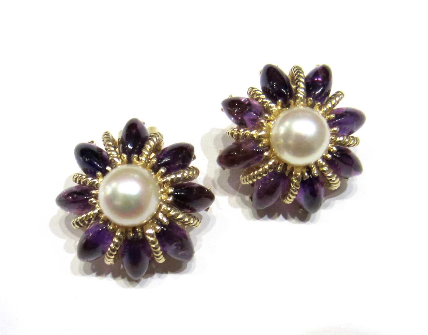 SOLD--Mid-Century Pearl and Amethyst Star Earrings 14k c. 1960