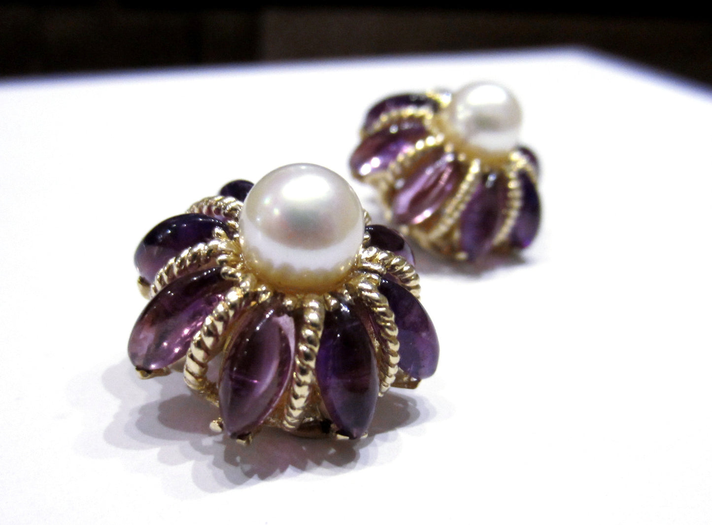 SOLD--Mid-Century Pearl and Amethyst Star Earrings 14k c. 1960