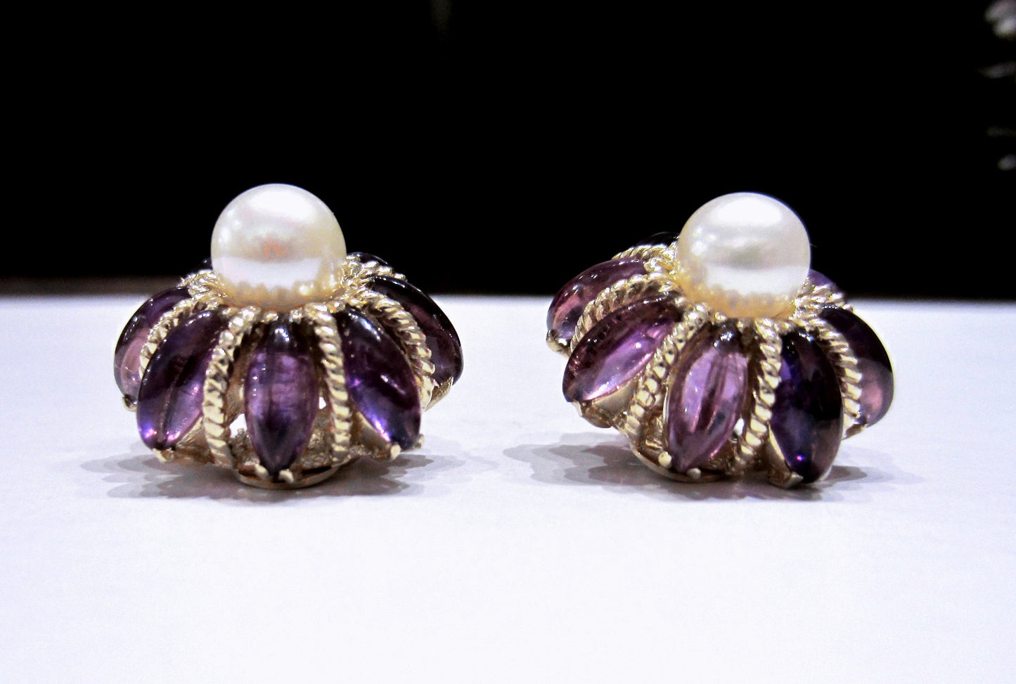 SOLD--Mid-Century Pearl and Amethyst Star Earrings 14k c. 1960