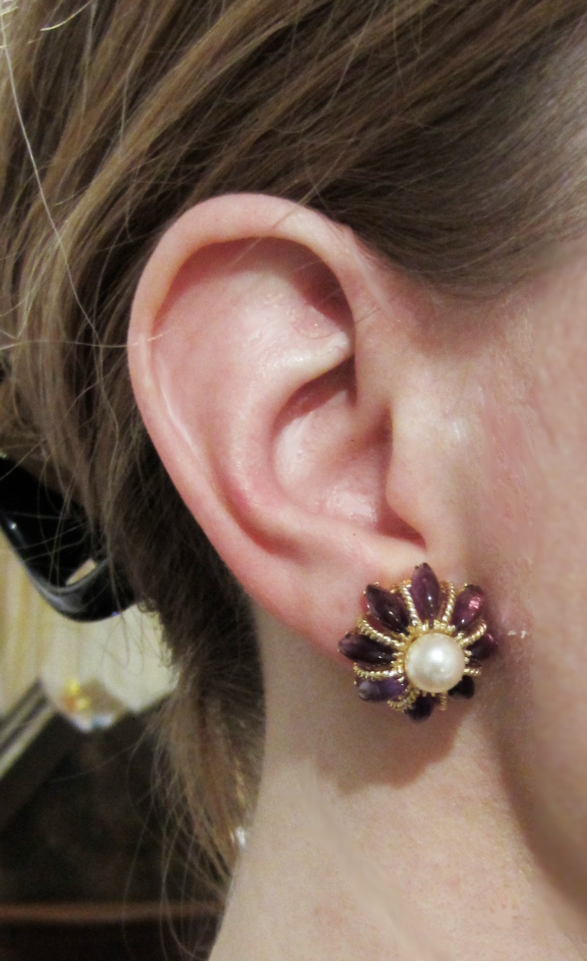 SOLD--Mid-Century Pearl and Amethyst Star Earrings 14k c. 1960