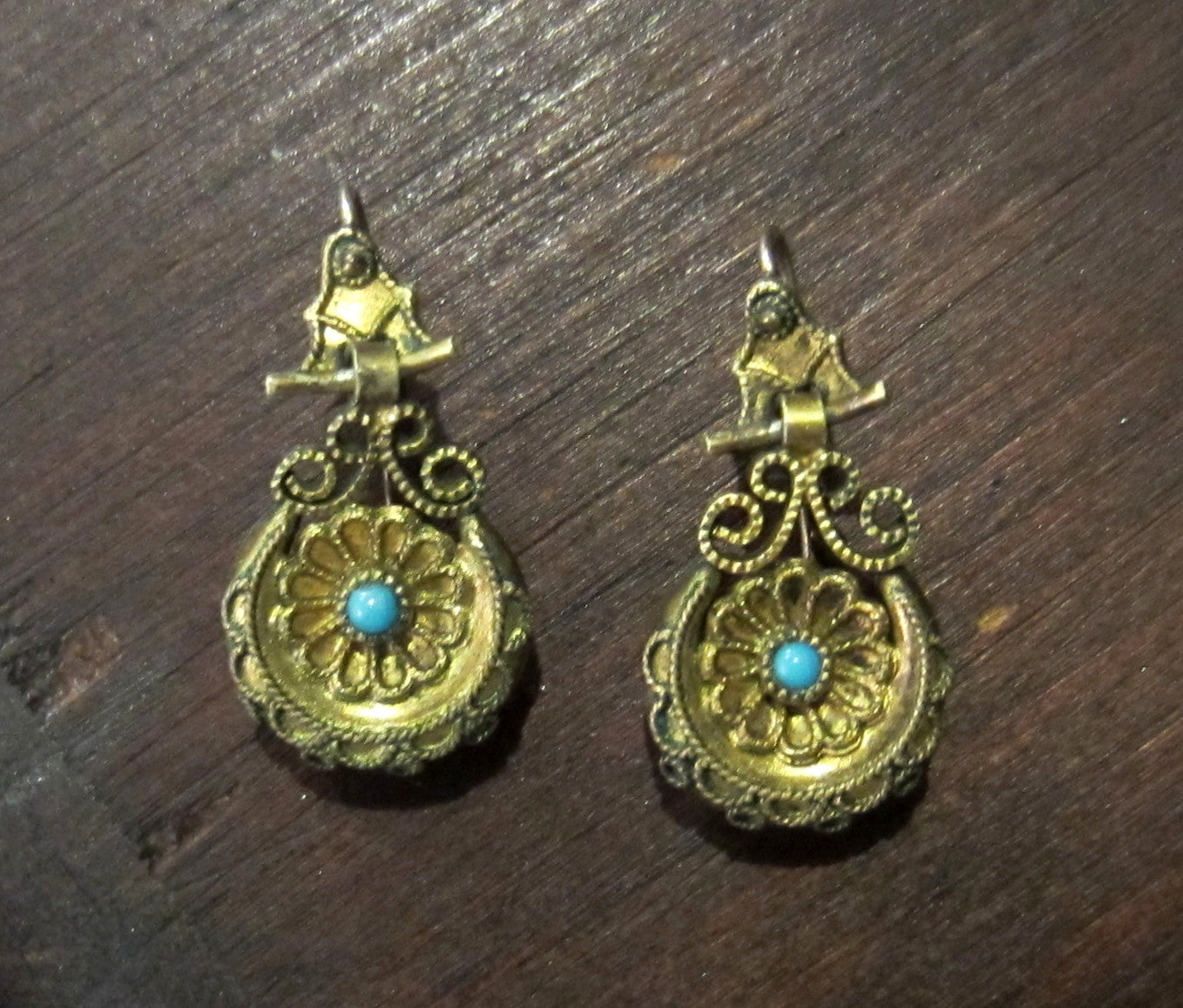SOLD--Victorian Turquoise Drop Earrings Gold-filled c. 1880