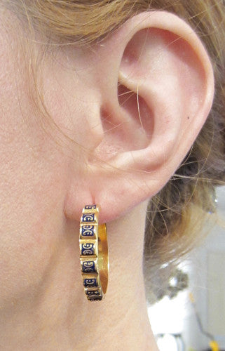 SOLD--Antique Enamel Hoop Earrings 18k, Portuguese