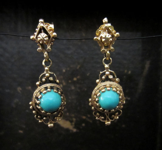 SOLD-Mid-Century Turquoise Drop Earrings 14k c. 1950
