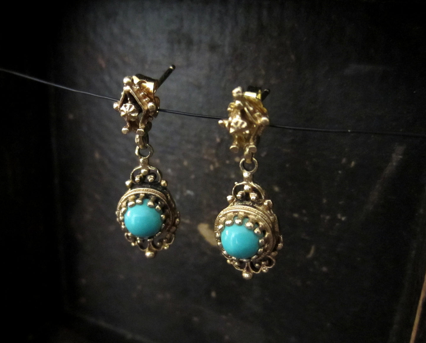 SOLD-Mid-Century Turquoise Drop Earrings 14k c. 1950