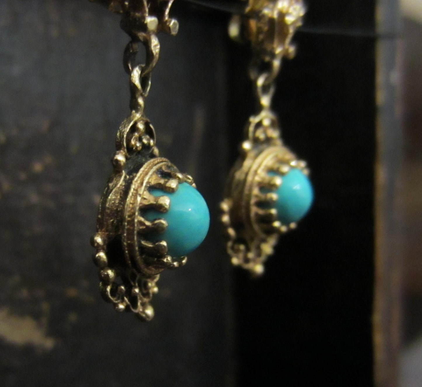 SOLD-Mid-Century Turquoise Drop Earrings 14k c. 1950