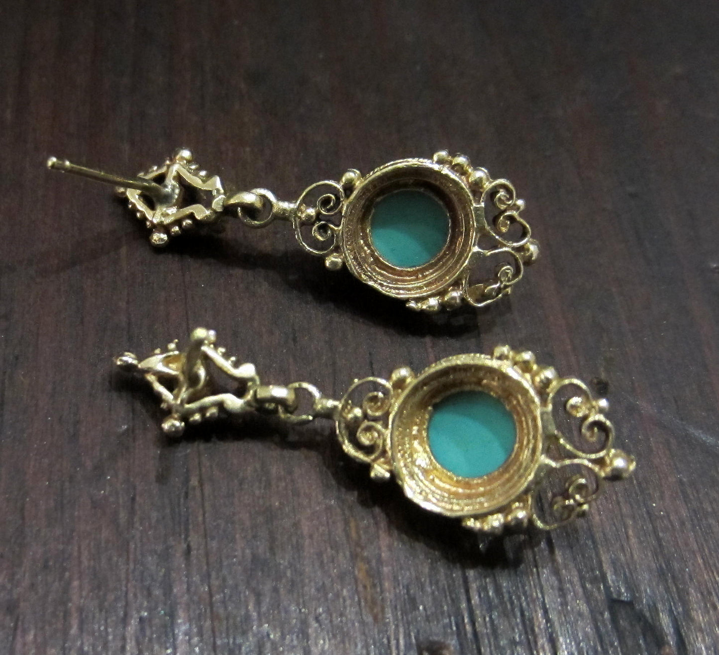 SOLD-Mid-Century Turquoise Drop Earrings 14k c. 1950