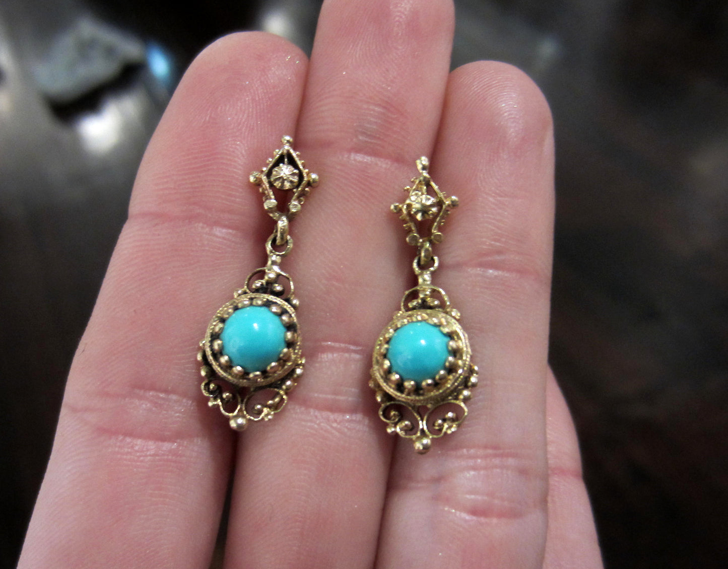 SOLD-Mid-Century Turquoise Drop Earrings 14k c. 1950