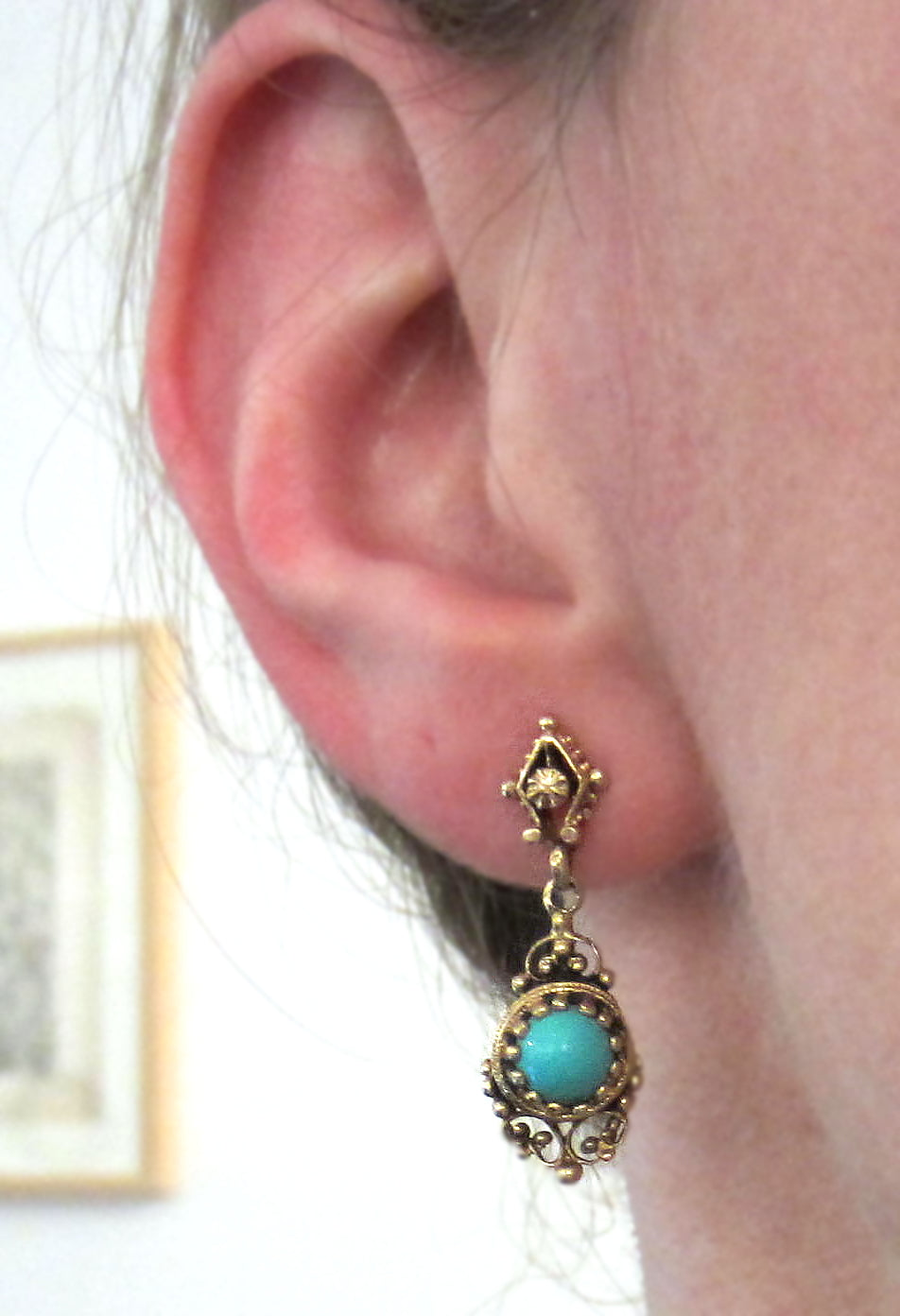 SOLD-Mid-Century Turquoise Drop Earrings 14k c. 1950