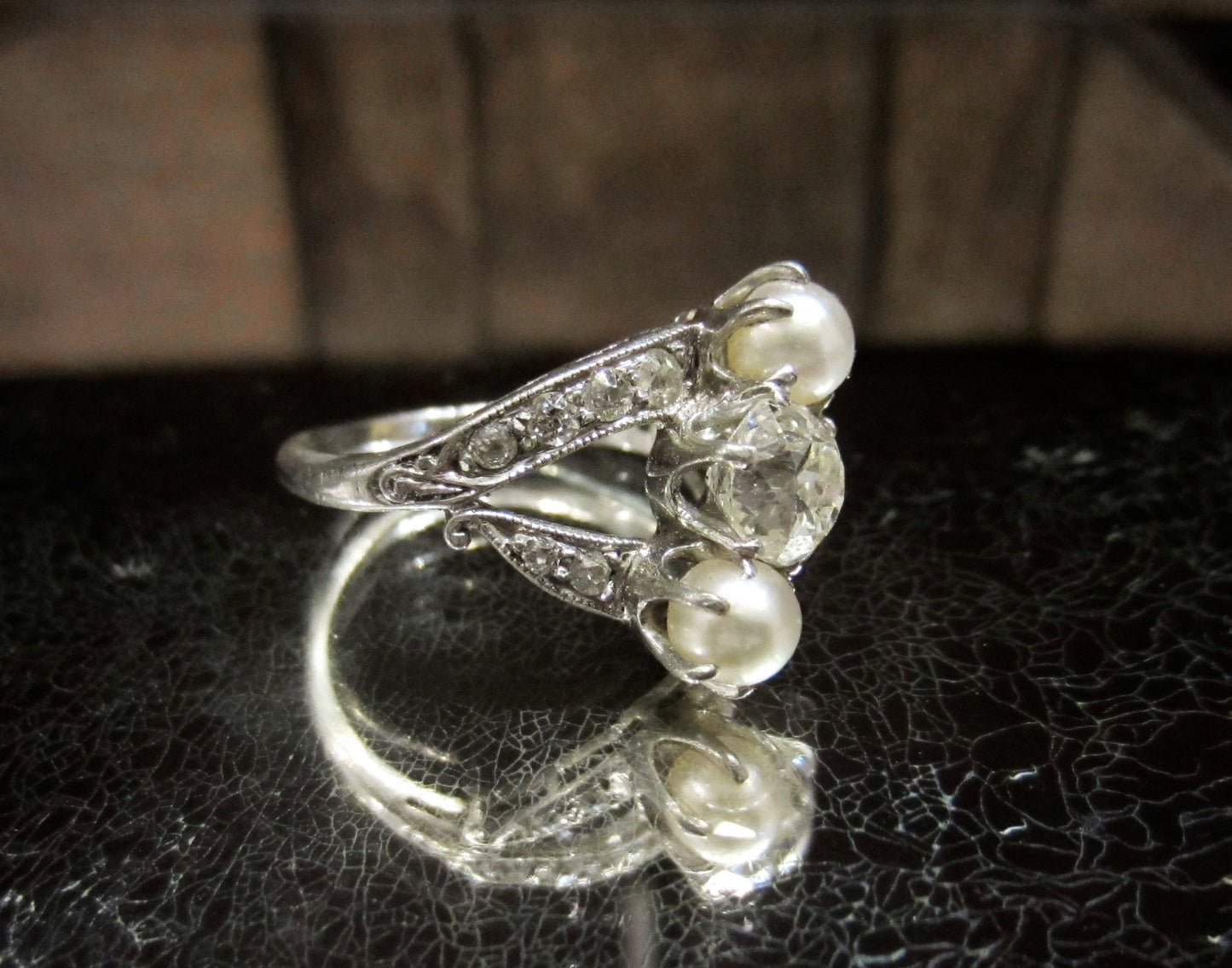 SOLD--Edwardian Old Mine Cut Diamond .75ct and Pearl Ring Platinum c. 1905