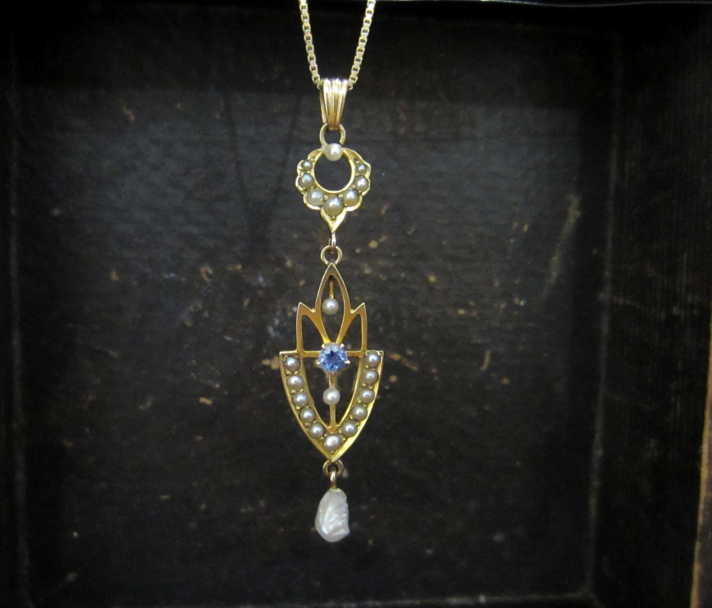 SOLD--Edwardian Sapphire and Pearl Lavalier 10k/14k c. 1910