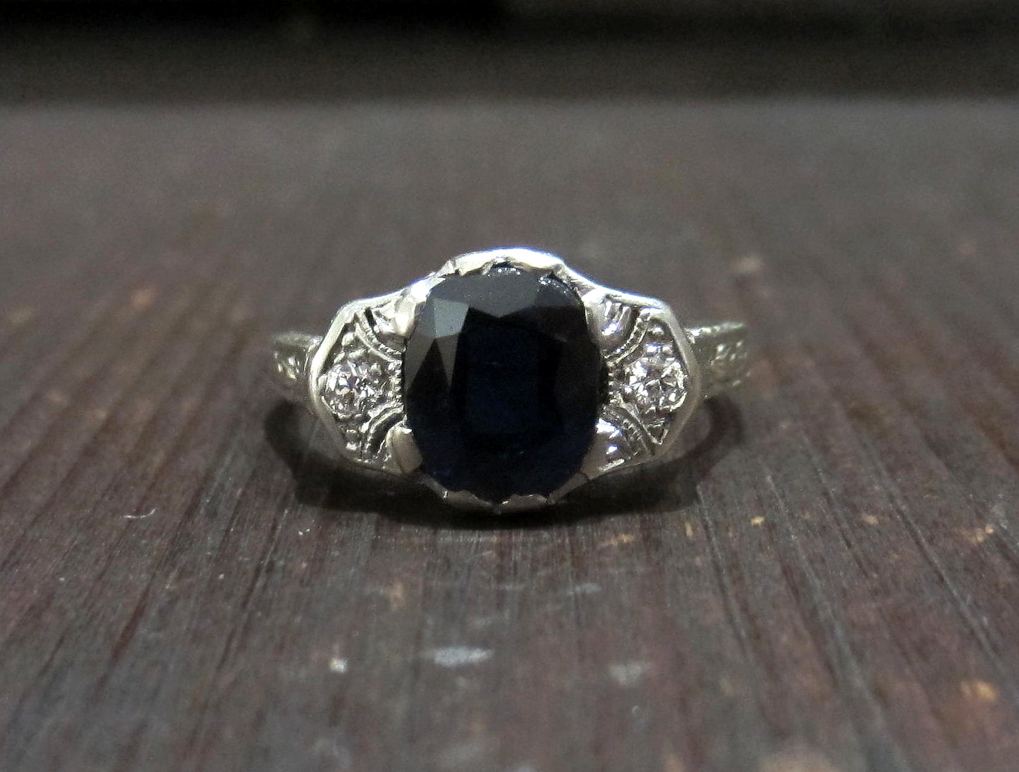 Art Deco Sapphire and Diamond Engagement Ring 18k, Lambert Brothers c. 1920