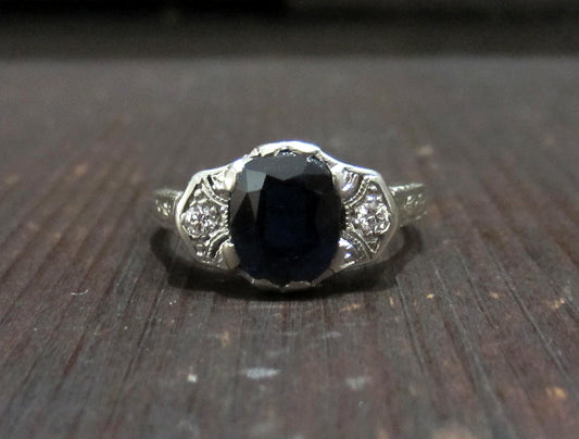Art Deco Sapphire and Diamond Engagement Ring 18k, Lambert Brothers c. 1920