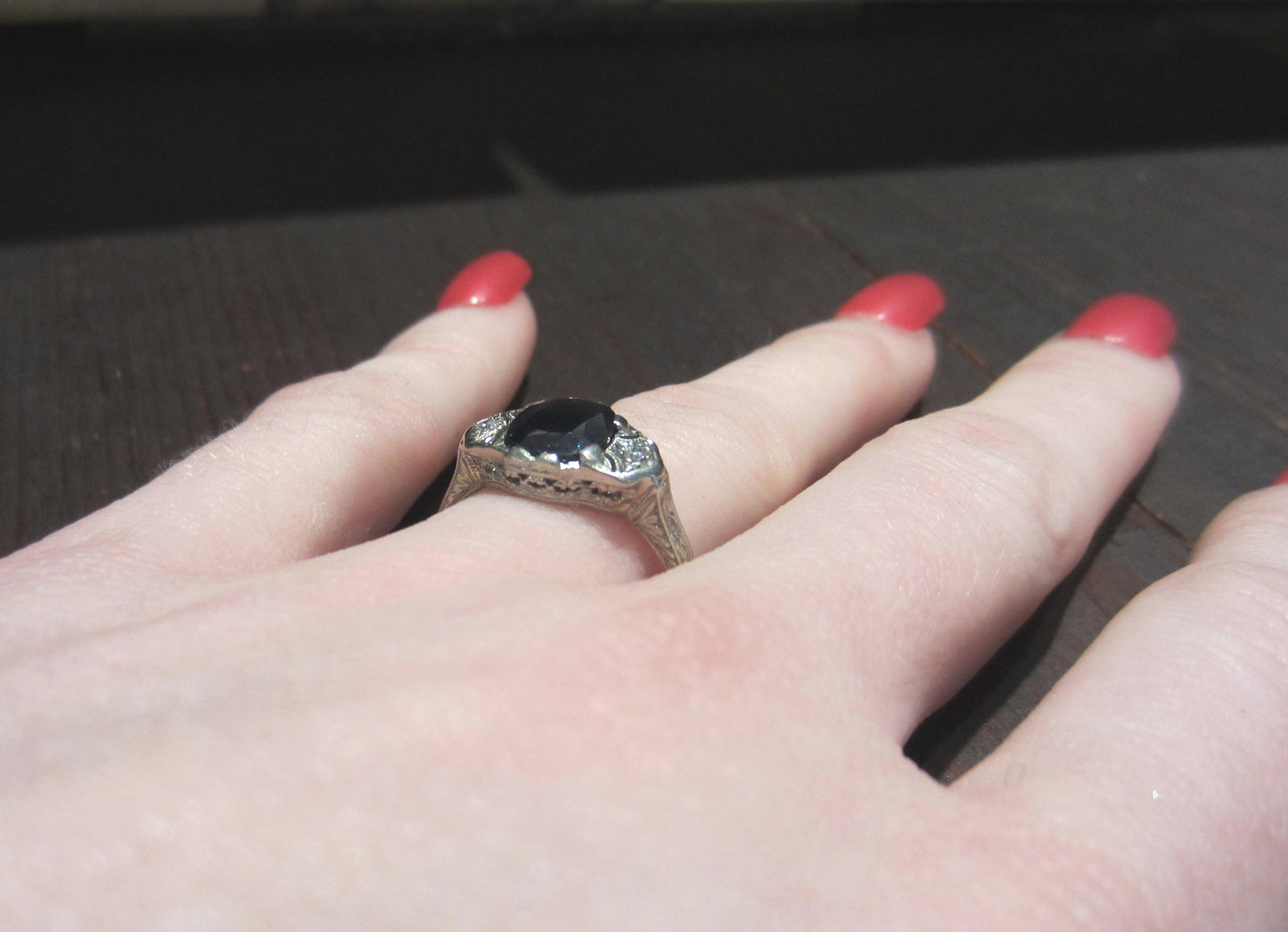 Art Deco Sapphire and Diamond Engagement Ring 18k, Lambert Brothers c. 1920