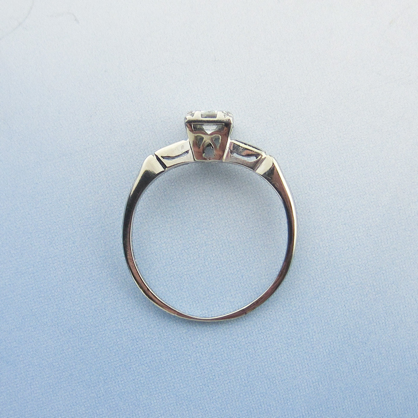 SOLD--Vintage Emerald Cut .62 FGVS2 Diamond Engagement Ring Plat/14k c. 1940