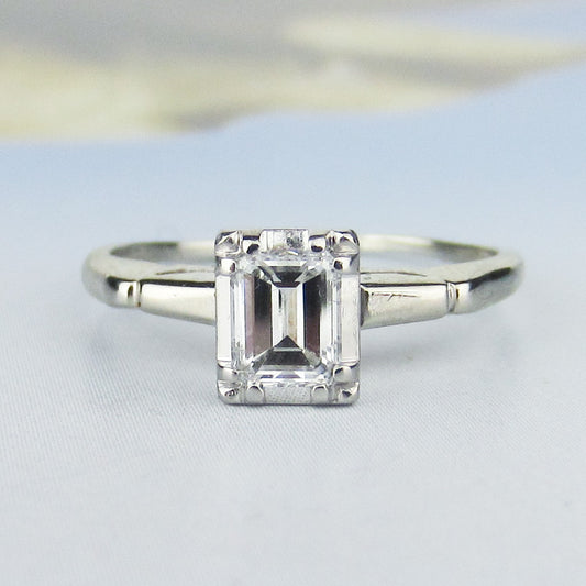 SOLD--Vintage Emerald Cut .62 FGVS2 Diamond Engagement Ring Plat/14k c. 1940