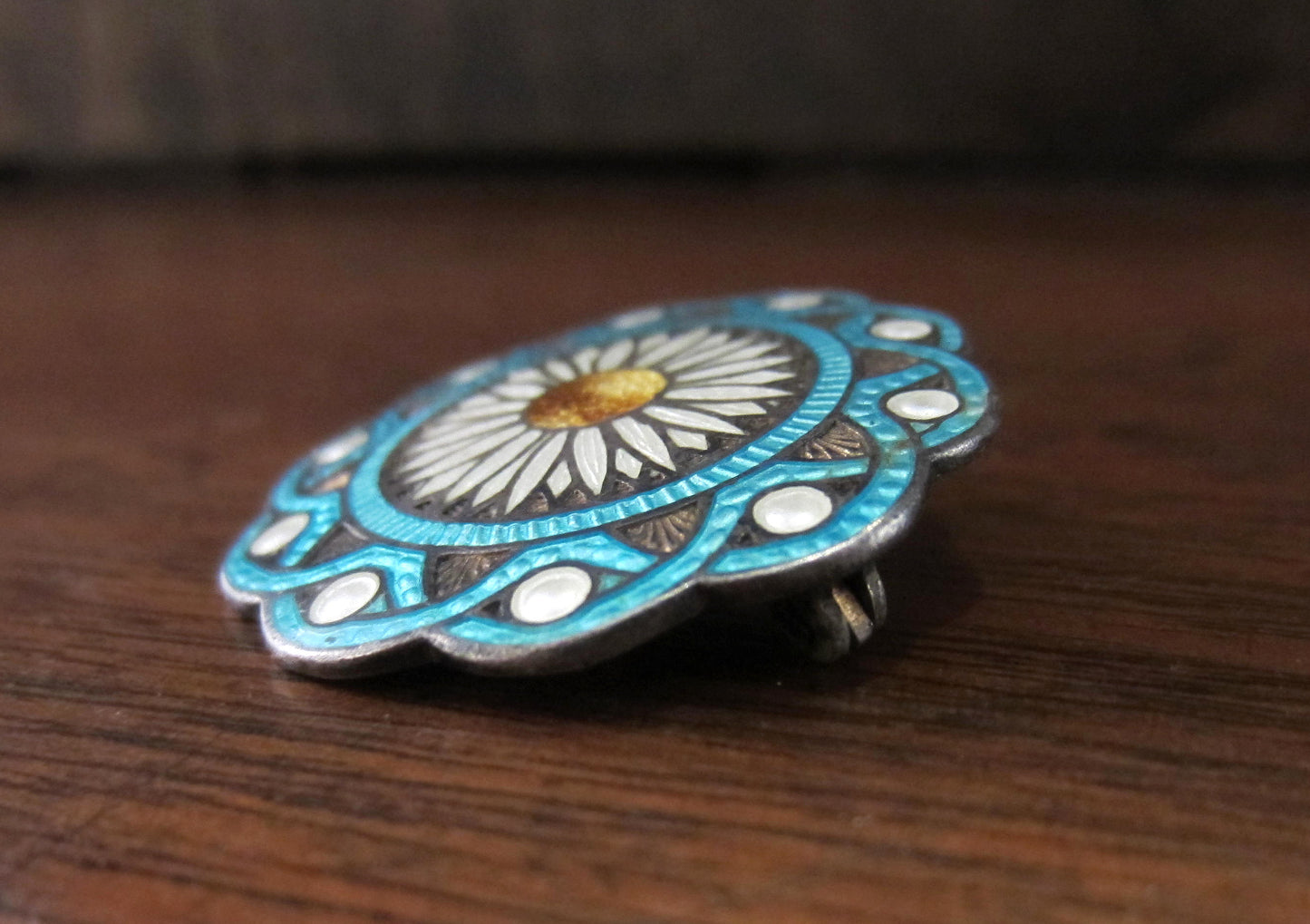 Gorgeous Edwardian Enamel Flower Brooch Sterling c. 1910