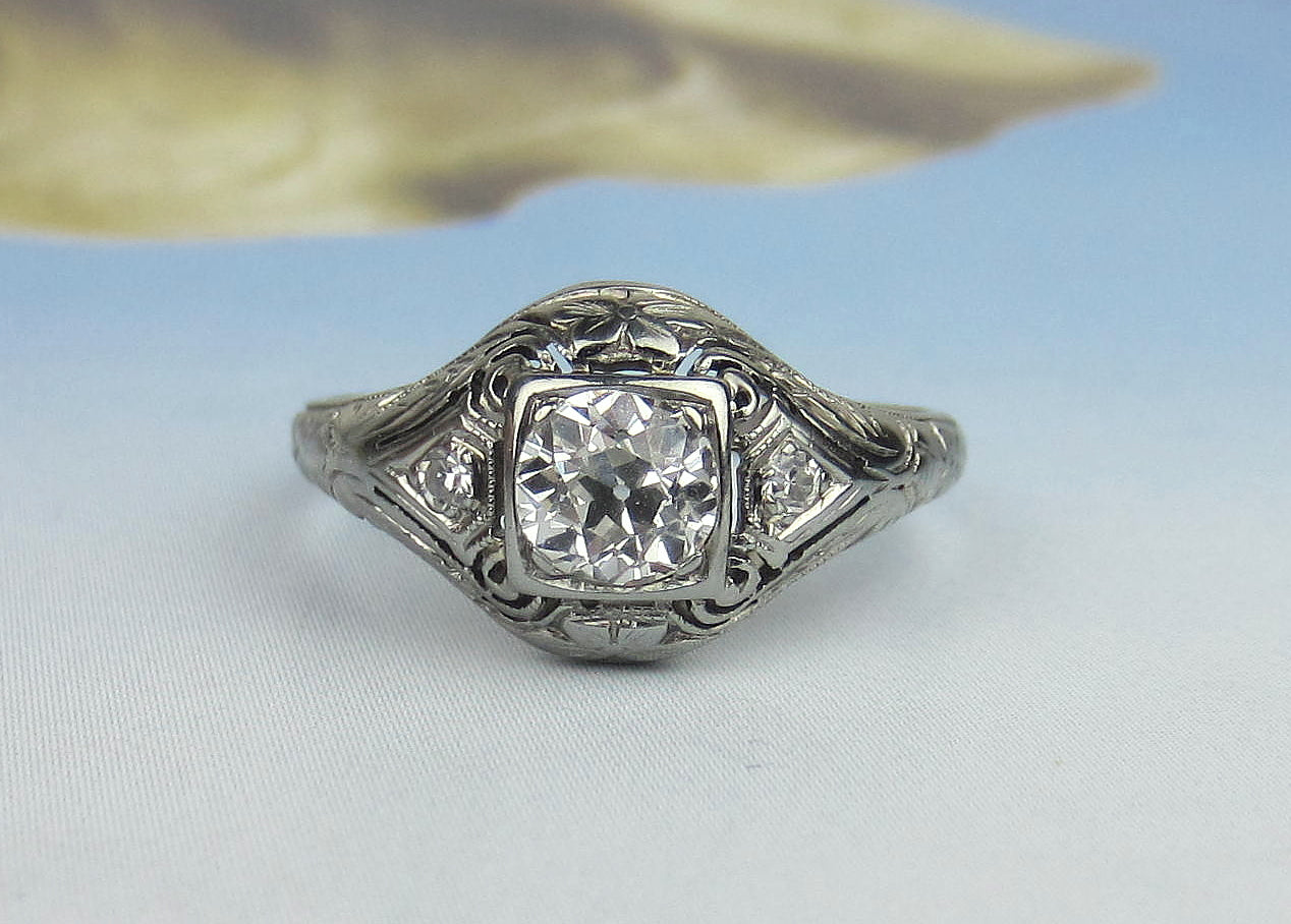 SOLD--Art Deco Old European .71ct Diamond Engagement Ring 18k c. 1920