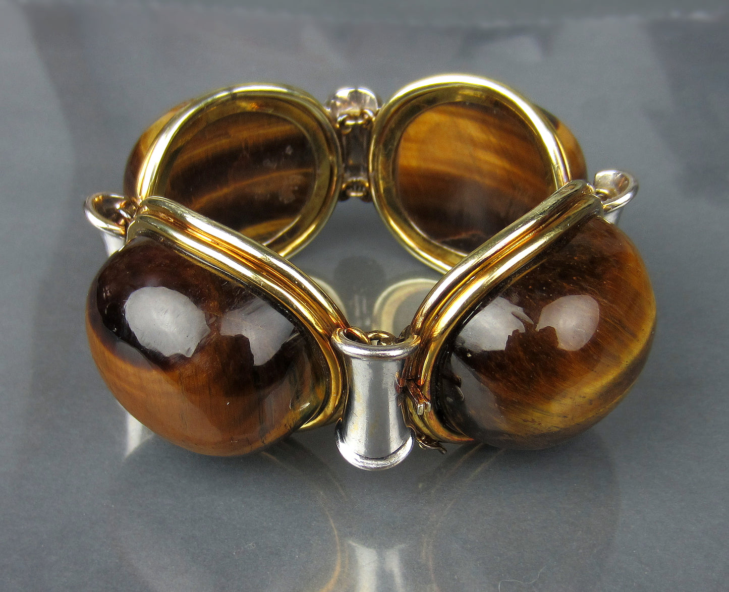 Massive Mid-Century Tiger's Eye Bracelet 14k c. 1970