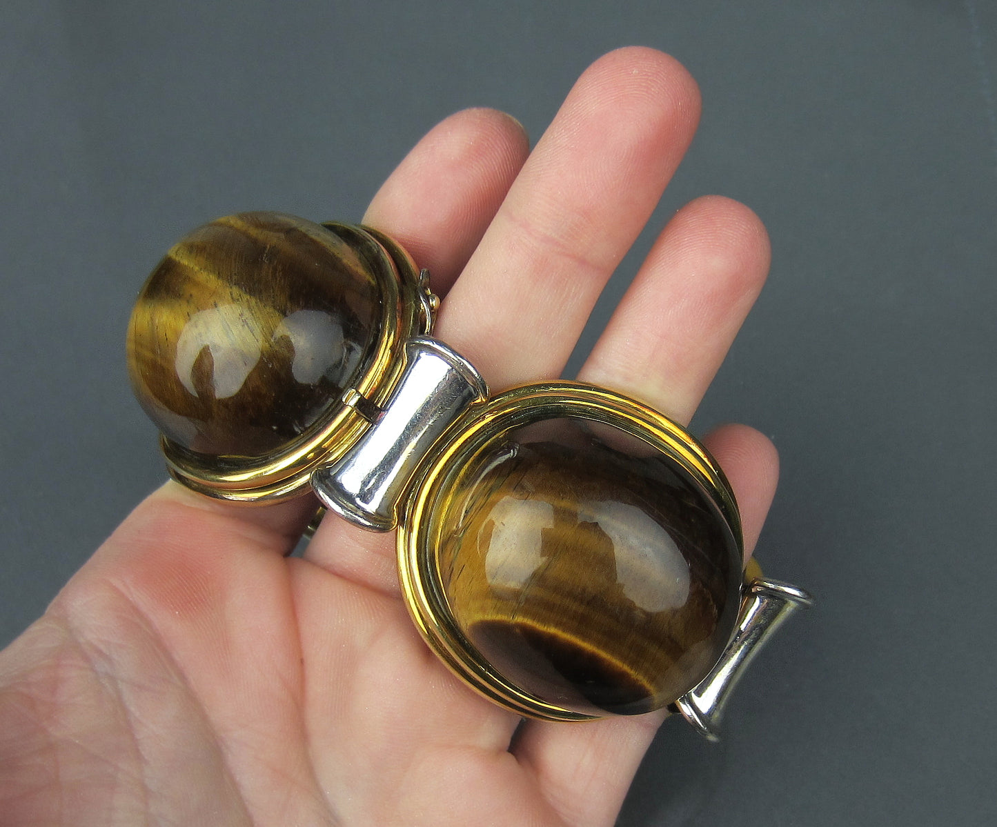 Massive Mid-Century Tiger's Eye Bracelet 14k c. 1970