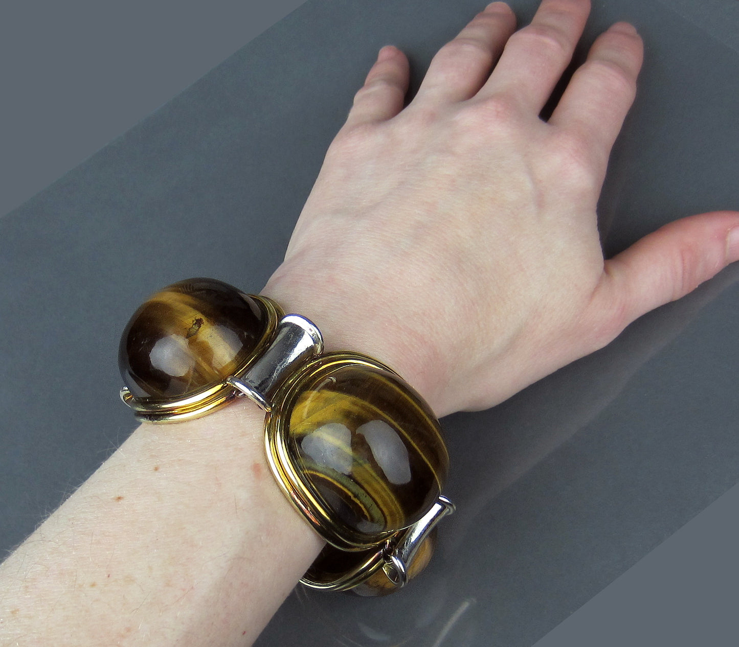 Massive Mid-Century Tiger's Eye Bracelet 14k c. 1970