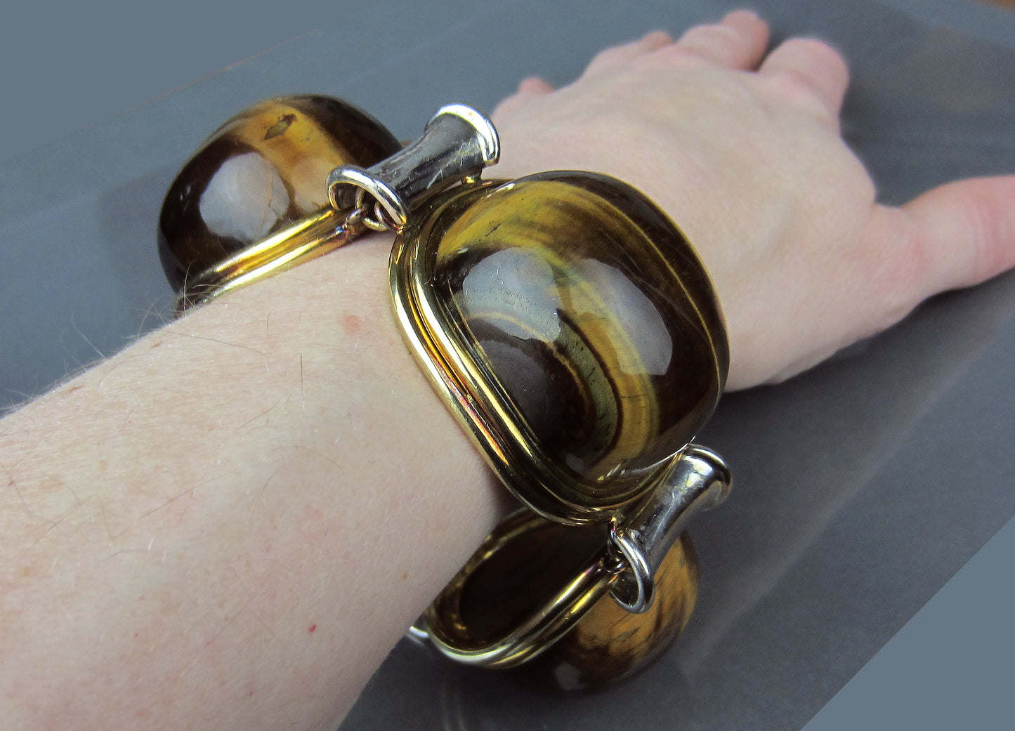 Massive Mid-Century Tiger's Eye Bracelet 14k c. 1970