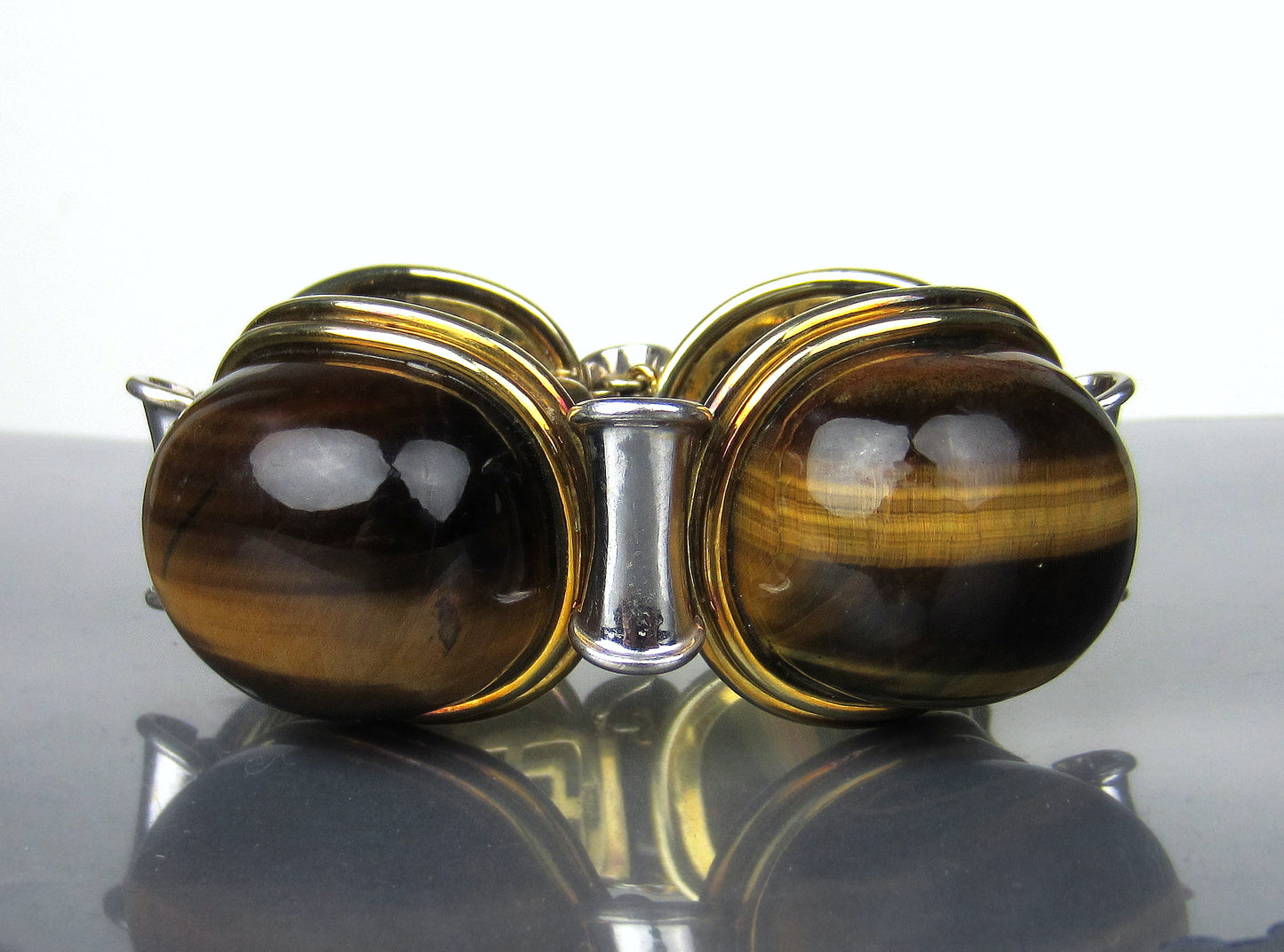 Massive Mid-Century Tiger's Eye Bracelet 14k c. 1970