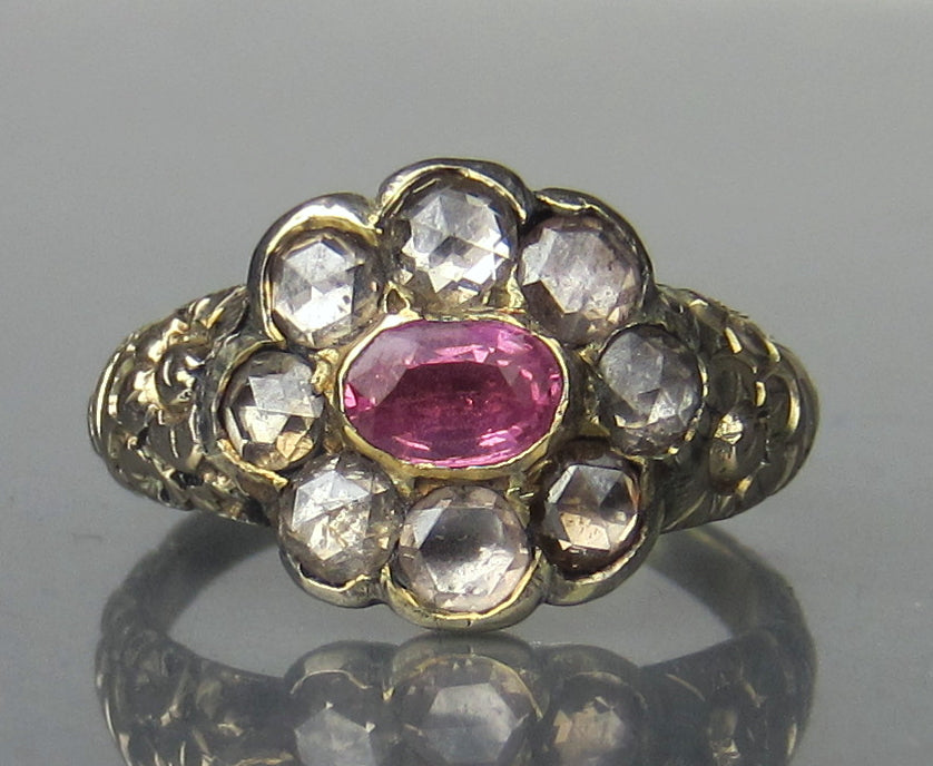 Georgian Pink Sapphire and Rose Cut Diamond Ring 14k c. 1820