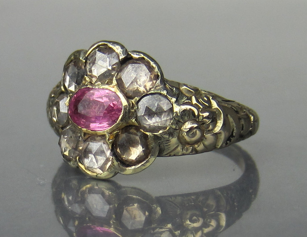 Georgian Pink Sapphire and Rose Cut Diamond Ring 14k c. 1820