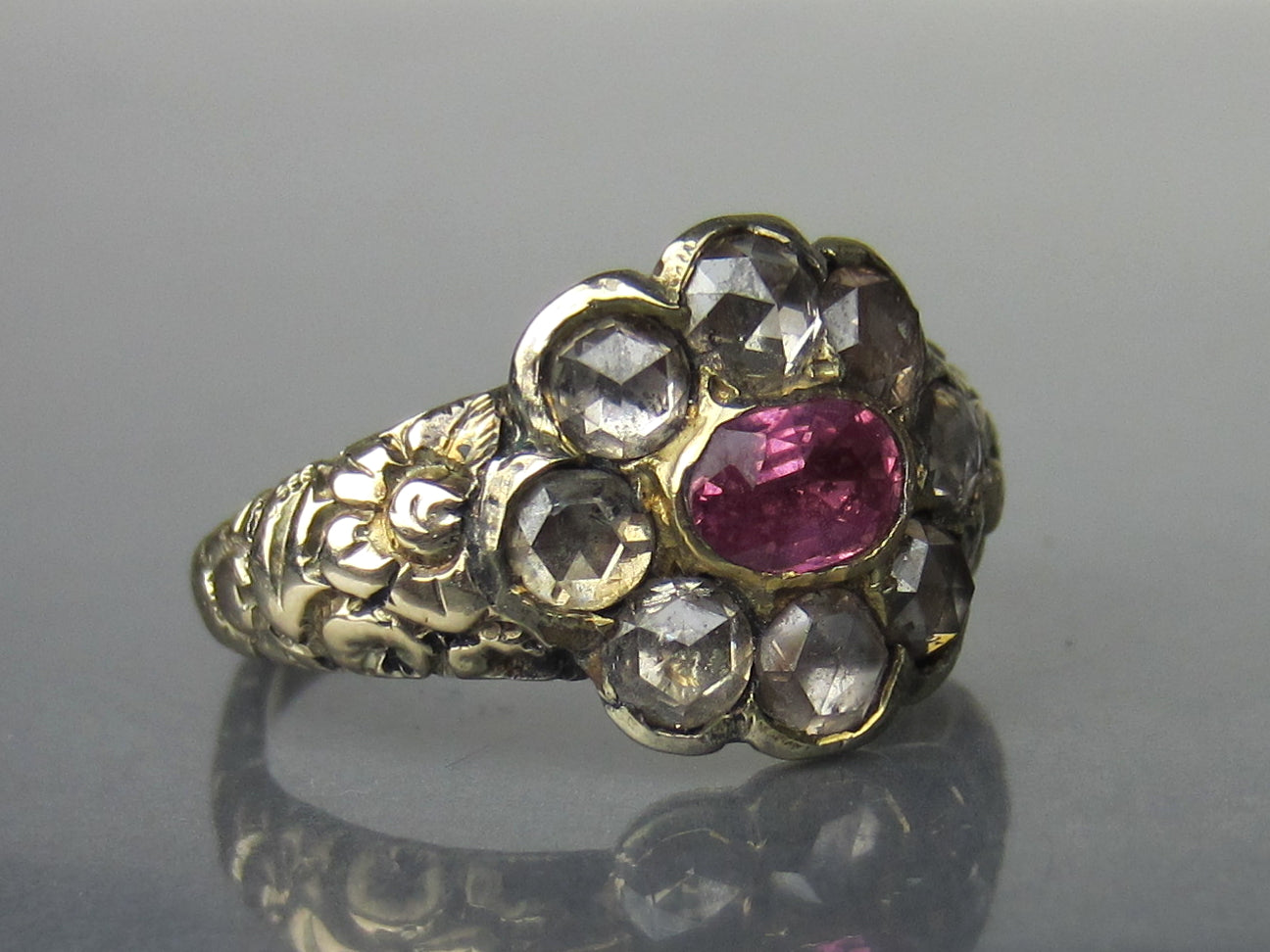 Georgian Pink Sapphire and Rose Cut Diamond Ring 14k c. 1820