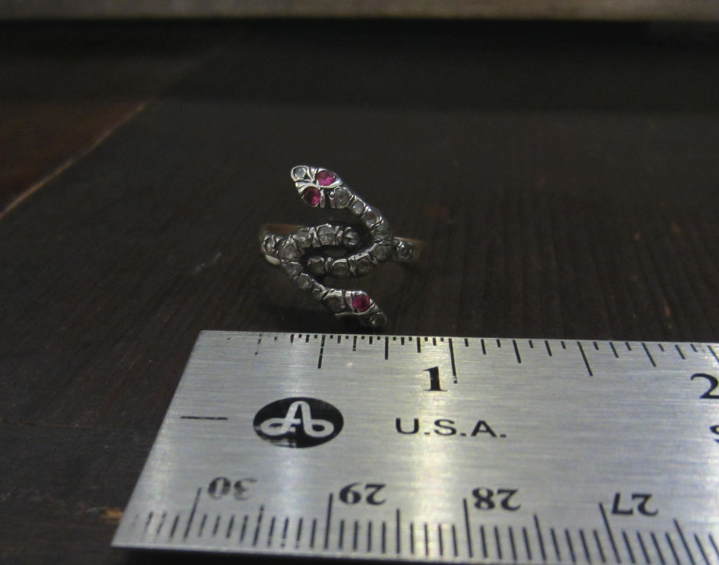 SOLD--Georgian Rose Cut Diamond and Ruby Double Headed Snake Ring Silver/15k c. 1830