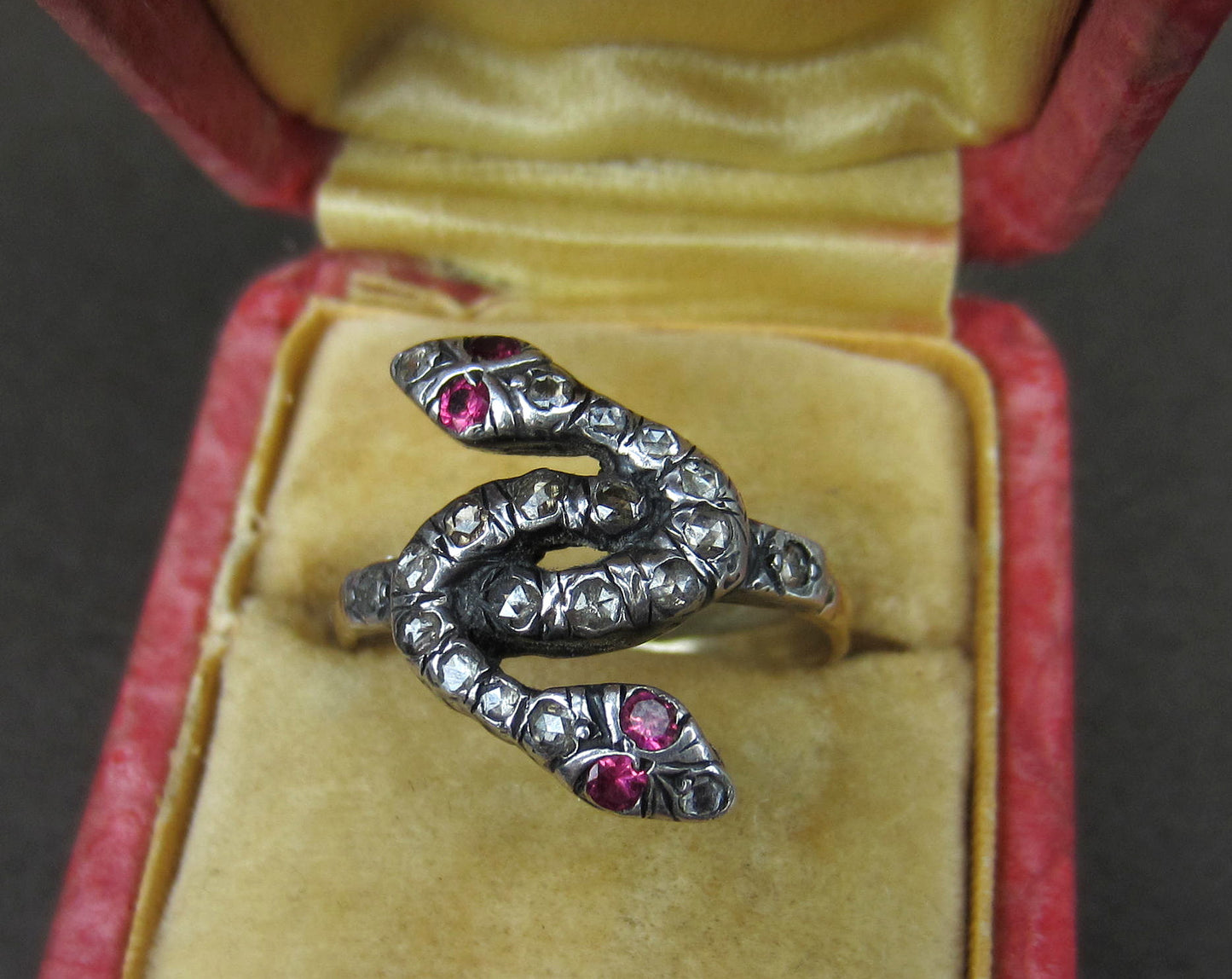 SOLD--Georgian Rose Cut Diamond and Ruby Double Headed Snake Ring Silver/15k c. 1830