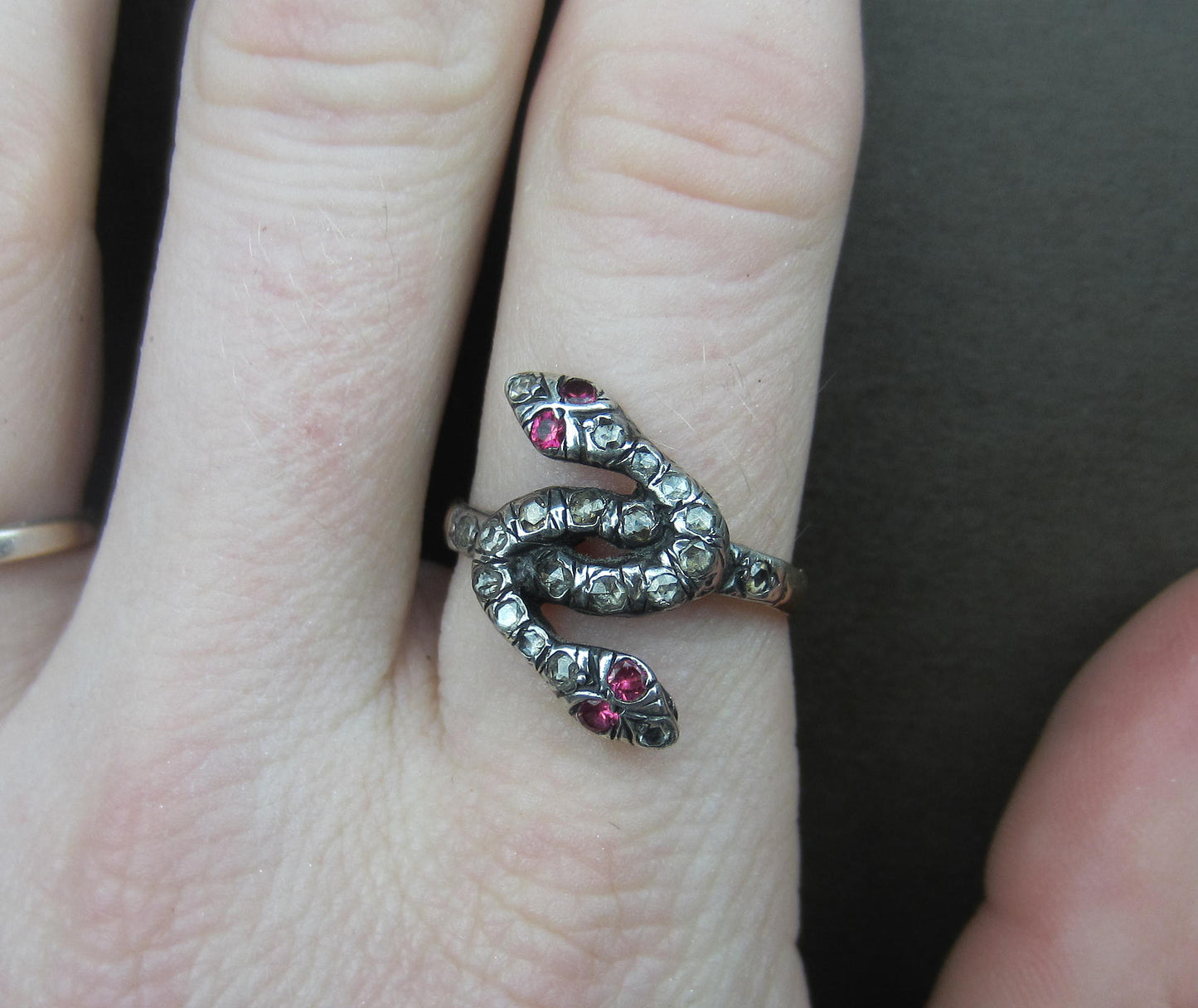 SOLD--Georgian Rose Cut Diamond and Ruby Double Headed Snake Ring Silver/15k c. 1830