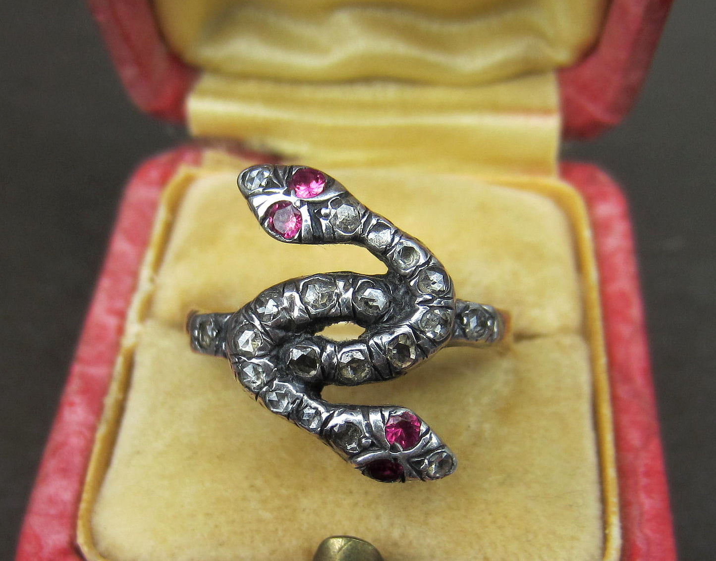 SOLD--Georgian Rose Cut Diamond and Ruby Double Headed Snake Ring Silver/15k c. 1830