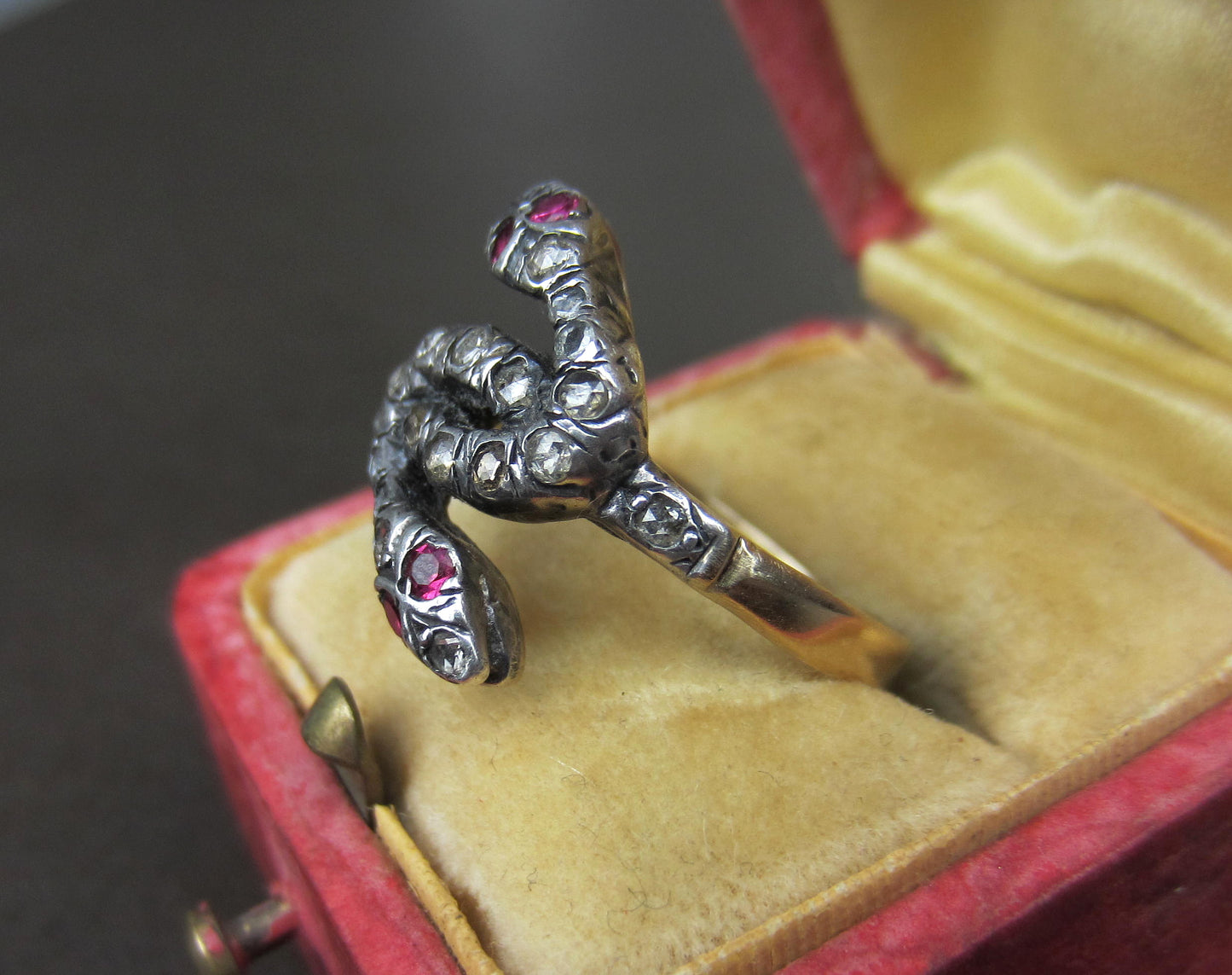 SOLD--Georgian Rose Cut Diamond and Ruby Double Headed Snake Ring Silver/15k c. 1830