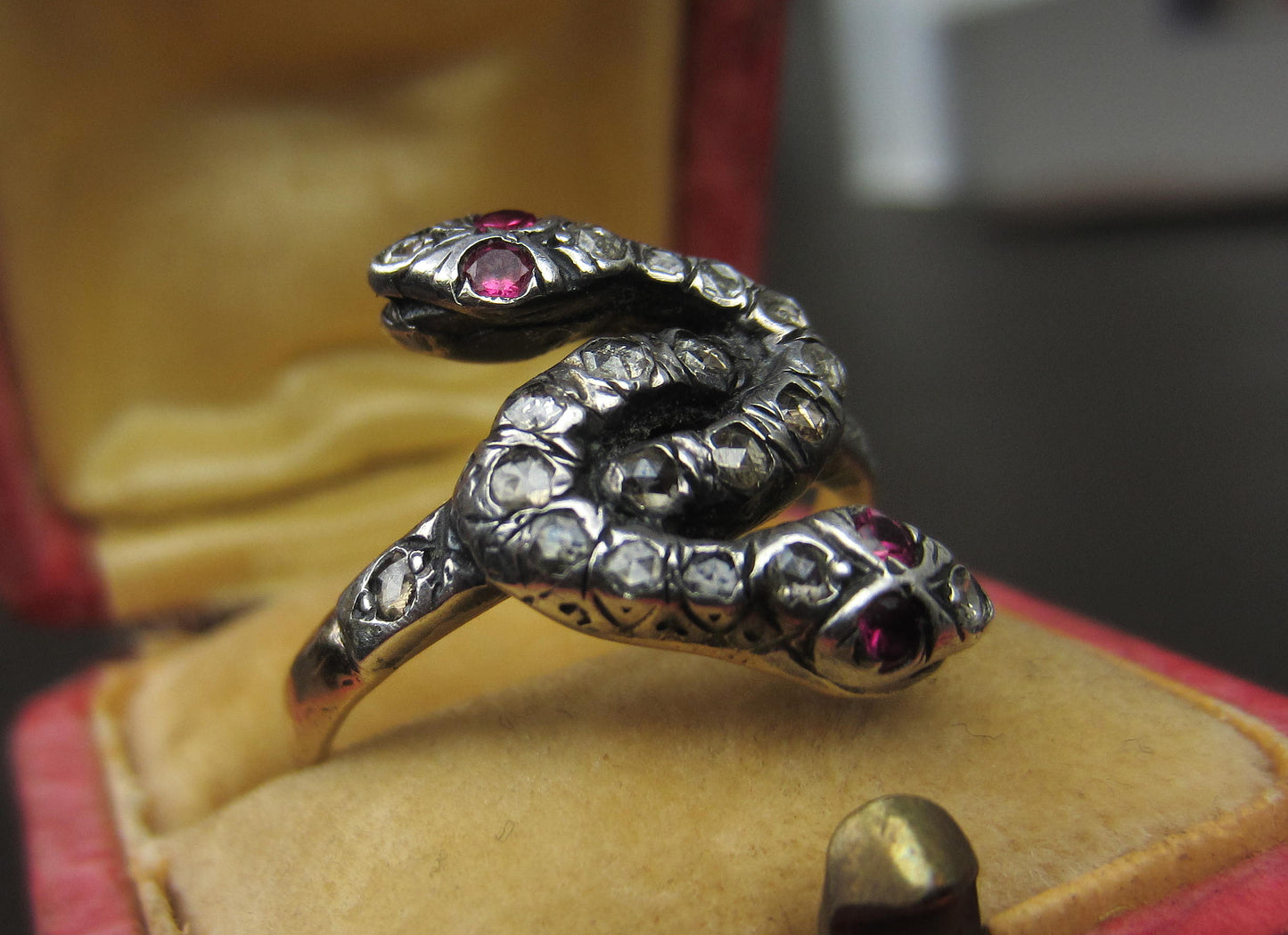 SOLD--Georgian Rose Cut Diamond and Ruby Double Headed Snake Ring Silver/15k c. 1830