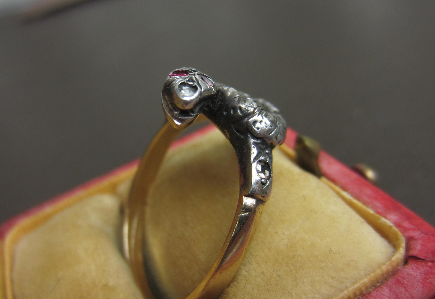 SOLD--Georgian Rose Cut Diamond and Ruby Double Headed Snake Ring Silver/15k c. 1830