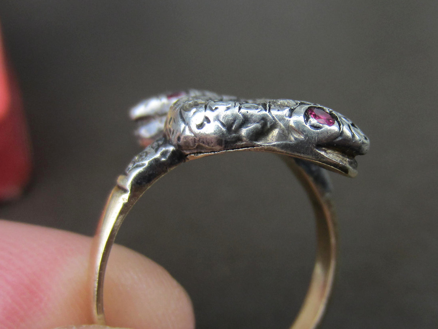 SOLD--Georgian Rose Cut Diamond and Ruby Double Headed Snake Ring Silver/15k c. 1830